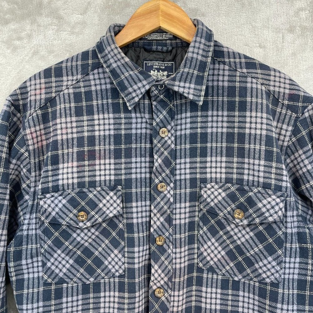Levi's Blue Plaid Quilted Shacket Heavy Flannel Shirt Grunge Distressed - Picture 2 of 13